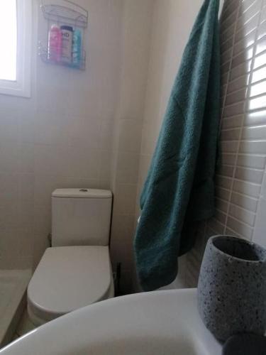a bathroom with a toilet and a green towel at Nest by the Sea in Perea