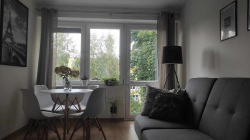 a living room with a couch and a table and a window at Apartament Mazury in Kętrzyn
