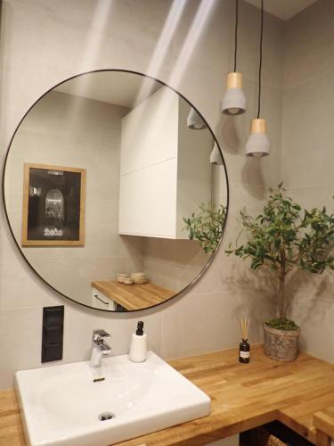 a bathroom with a sink and a mirror at Apartament Narutowicza 56 in Łódź