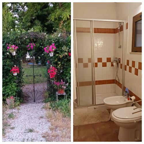 two pictures of a bathroom with a toilet and a garden at Casetta di Laura in Pisa