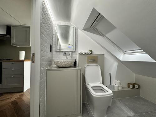 a bathroom with a toilet with a sink and a mirror at Super deluxe apartment in Barnet