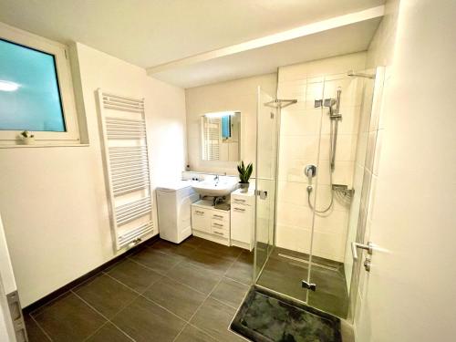 a bathroom with a shower and a sink at Apartment am Weinberg in Remshalden