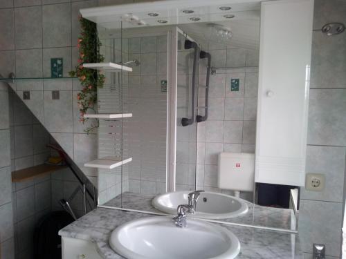 a bathroom with a sink and a mirror at Ferienwohnung für 4 PersRankwitz,Usedom in Rankwitz