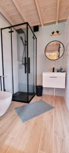 a bathroom with a shower and a sink and a mirror at Ostoja Struga in Świnoujście