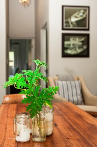 a wooden table with a green plant in a glass jar at Newstead Farm - Country Cottages in Curryʼs Post