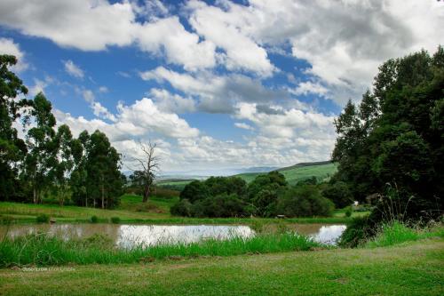 a pond in a field with trees and a cloudy sky at Newstead Farm - Country Cottages in Curryʼs Post
