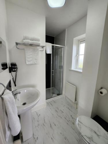 a white bathroom with a sink and a shower at Lovely Private Room in Dublin