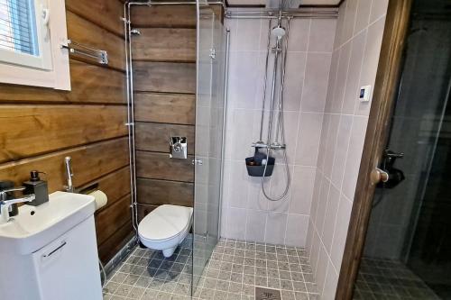a bathroom with a shower with a toilet and a sink at Luxury Aurora glass Igloo, hot tub & sauna cottage in Rovaniemi