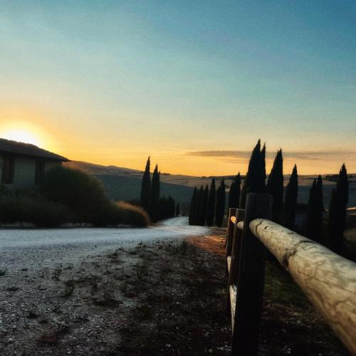 a fence on a road with a sunset in the background at Podere Le Volpaie - Arancia in Montecatini Val di Cecina