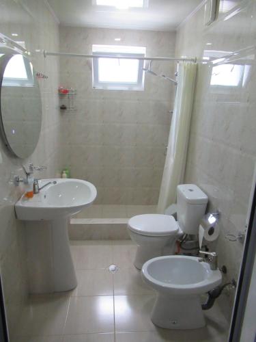 La salle de bains est pourvue d'un lavabo, de toilettes et d'un miroir. dans l'établissement KOTE.GE, à Lagodekhi