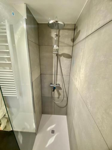 a shower with a glass door in a bathroom at Grand studio classé 4 étoiles avec jardin et garage vélo, moto in Briançon