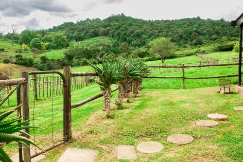 a wooden fence with some plants in a field at Newstead Farm - Country Cottages in Curryʼs Post