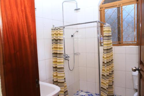 a bathroom with a shower with a toilet and a sink at Artistic Oasis 2Bedrm Apartment in Buwate