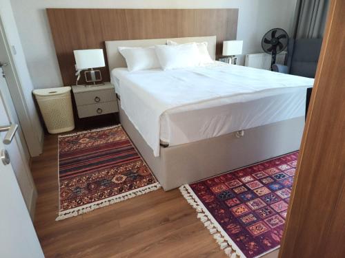 ein Schlafzimmer mit einem großen Bett und einem Teppich in der Unterkunft Polat tower 1 in Istanbul