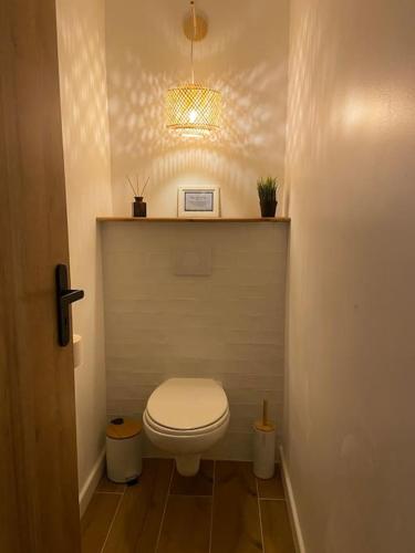 a bathroom with a toilet with a light above it at Cocoon Love avec piscine privative in Saint-Louis