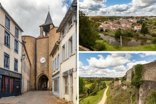 a collage of pictures of a town and a building at Gite Bin Benaise sans linge in Pamproux