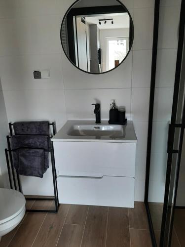 ein Badezimmer mit einem weißen Waschbecken und einem Spiegel in der Unterkunft Apartament na Młyńskiej in Busko-Zdrój