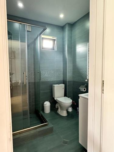 a bathroom with a toilet and a glass shower at Green Mountain Borjomi in Borjomi