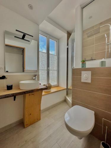 uma casa de banho com um WC branco e um lavatório. em LE POLE CHERBOURGEOIS em Cherbourg en Cotentin