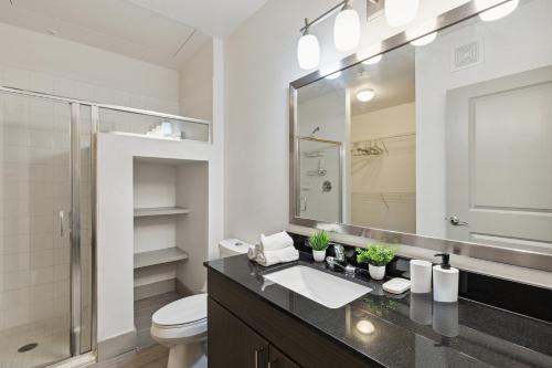 a bathroom with a sink and a toilet and a mirror at Stylish 1 Bedroom Apartment in Medical District in Dallas