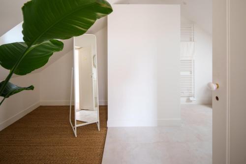 La salle de bains est pourvue d'un miroir et d'une plante. dans l'établissement Maison avec vue sur Loire proche de Chambord, à Saint-Dyé-sur-Loire