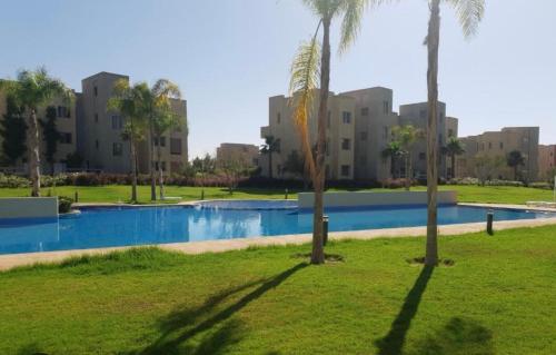 een zwembad met palmbomen en gebouwen op de achtergrond bij appartement piscine in Marrakesh