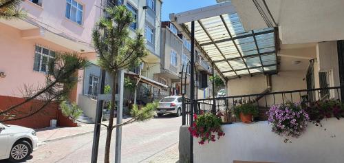 een kleine boom op een straat met een gebouw bij Lovely Specious 2 bedroom suite apartment Near IST Airport Shuttle option in Arnavutköy
