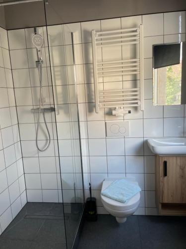a bathroom with a shower and a toilet and a sink at Alpha Fremdenzimmer in Fürth