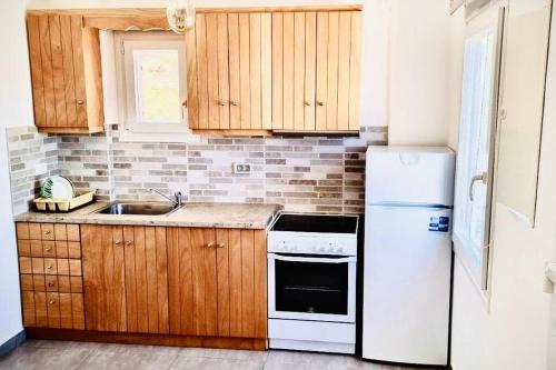 a kitchen with wooden cabinets and a white refrigerator at Cycladic House with Aegean View in Kalo Livadi