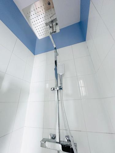 a shower in a bathroom with a blue ceiling at Cosy appartement avec vue Tour Eiffel in Paris