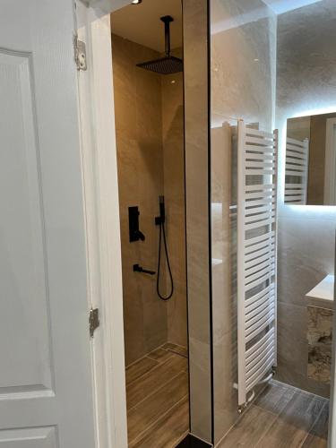 een douche met een glazen deur in de badkamer bij Modernes Apartment am Marktplatz in Wesel