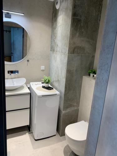 een badkamer met een toilet, een wastafel en een spiegel bij Panorama View of Krakow in Krakau