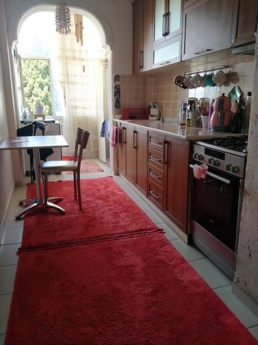 a kitchen with a red rug on the floor and a table at Cozy home in the center of Antalya in Antalya
