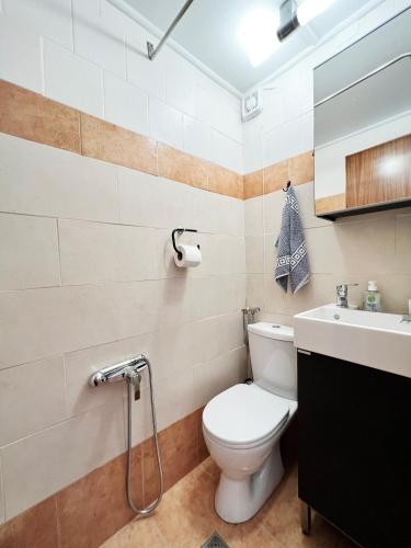 a bathroom with a toilet and a sink at Villa Kostoula Mini house in Karavomylos