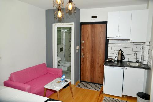 イスタンブールにあるRoyal Sürmeli Suiteのリビングルーム(ピンクのソファ付)、キッチンが備わります。