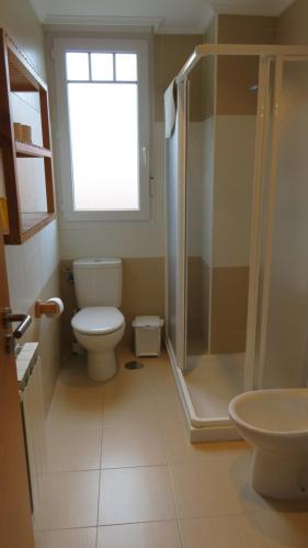 La salle de bains est pourvue de toilettes, d'une douche et d'un lavabo. dans l'établissement Apartamentos Somo 2, à Somo