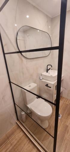 a bathroom with a white toilet and a mirror at Z Elegant Studios in Perea