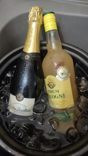 Dwie butelki szampana w metalowym wiadrze. w obiekcie La suite parentale w mieście Basse-Terre