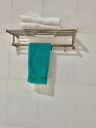 a towel rack in a bathroom with a green towel at Hotel Amayal in Puerto Iguazú