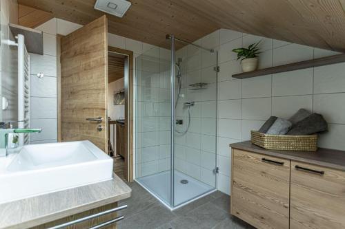 a bathroom with a glass shower and a sink at Trollenhof im Allgäu - Ferienwohnungen Säuling in Rückholz