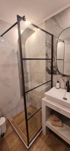 a bathroom with a glass shower and a sink at Z Elegant Studios in Perea