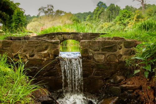 a waterfall in a stone wall in a field at Newstead Farm - Country Cottages in Curryʼs Post