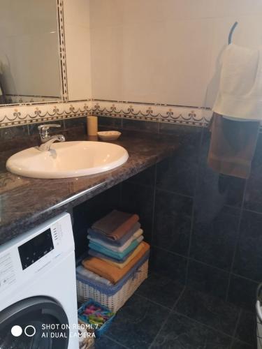 a bathroom with a sink and a washing machine at La Buganvilla in Ribadesella