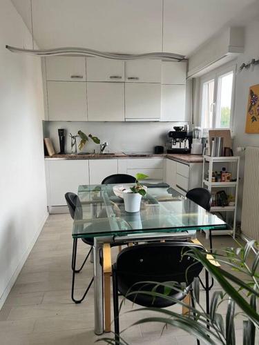 uma cozinha com uma mesa de vidro e algumas cadeiras em 1 bedroom apartment - business trip em Nyon