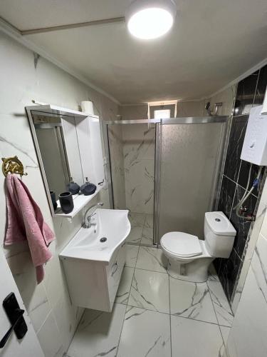e bagno con servizi igienici, lavandino e doccia. di NEZİH BİR ODA a Antalya (Adalia)