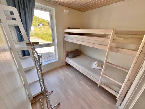 a small room with bunk beds and a ladder at Mannen Panorama Lofoten in Offersøya