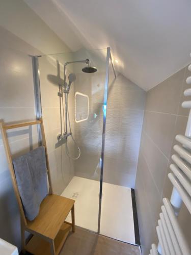 a bathroom with a shower and a wooden chair at Gîte au cœur des Gorges de la Loire in Aurec-sur-Loire