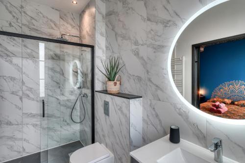 La salle de bains est pourvue d'une douche, de toilettes et d'un miroir. dans l'établissement Superbe 2 pièces avec Jacuzzi privatif face Gare Proche Cathédrale, à Chartres