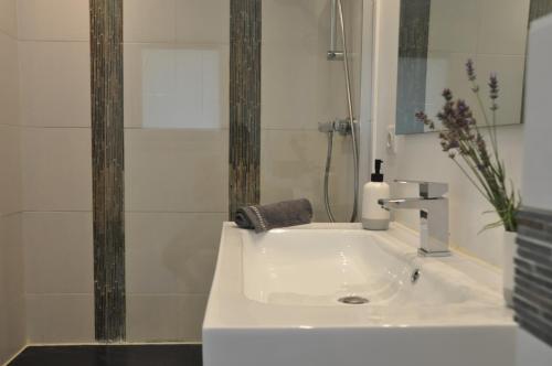 een badkamer met een witte wastafel en een douche bij l'adret in Villaz