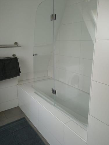 a shower with a glass door in a bathroom at Blick auf den Magdalenenberg in Villingen-Schwenningen